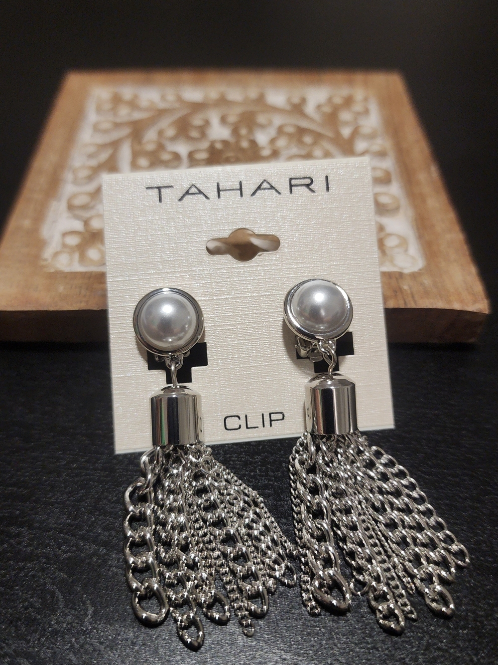 Tahari Silver Pearl Tassel Clip-On Earrings